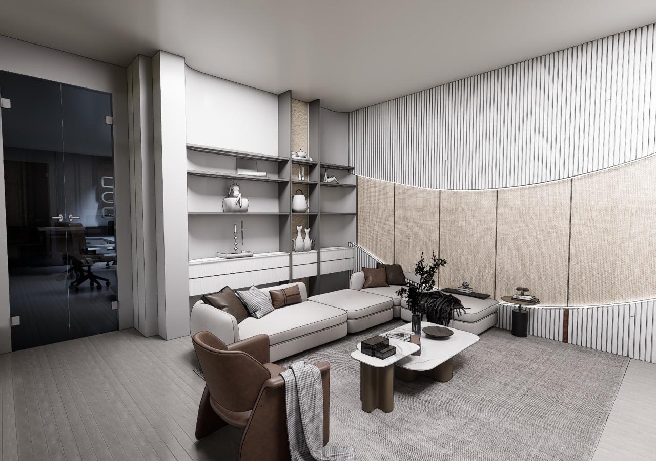 Lounge at Auto Solutions — soft neutral seating against a fluted wall
